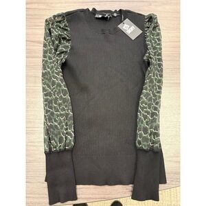 DKNY Womens Medium Ribbed Knit Top Puff Sleeve Sheer Animal Print NWT